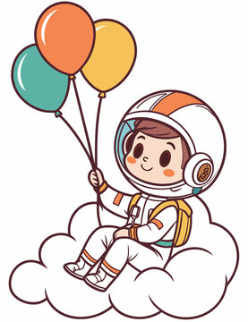Adorable Kid Astronaut Sitting on Cloud Holding Three Colorful Balloons