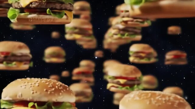 Delicious Hamburgers and Cheeseburgers Floating in Space.
