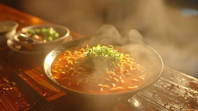 Hot steaming bowl of spicy ramen noodles with green onions in a restaurant setting.