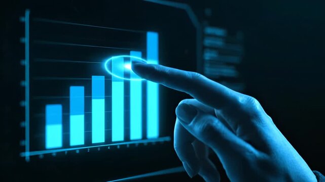 A finger interacts with a glowing blue bar graph on a futuristic digital display, symbolizing data analysis and business growth.
