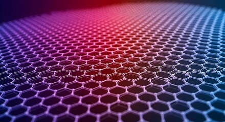 Closeup of hexagonal graphene lattice with vibrant purple and blue gradient