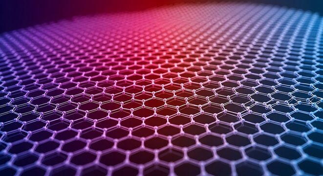 Closeup of hexagonal graphene lattice with vibrant purple and blue gradient
