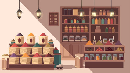 Cozy spice and herb shop with colorful displays and rustic decor