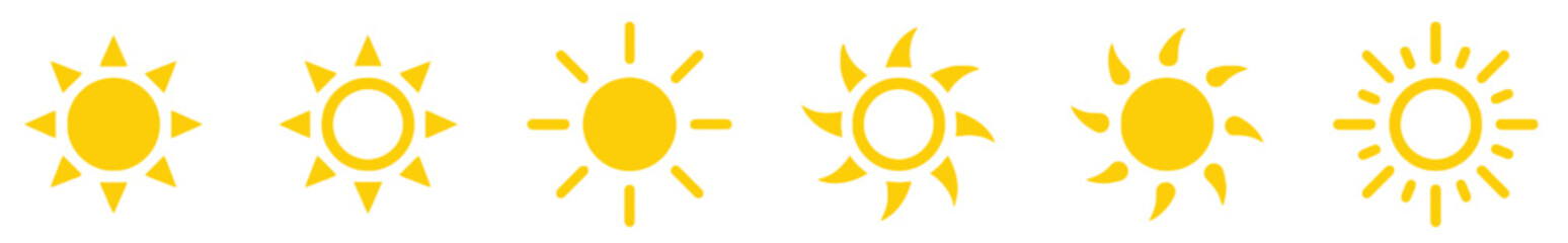 Yellow sun icons collection for weather forecast and summer concepts
