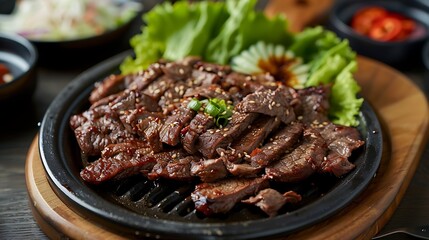 Sliced grilled beef, possibly bulgogi, beautifully arranged on a round cast iron griddle with fresh lettuce and garnish.