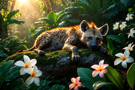 A hyena rests on a mossy rock surrounded by white flowers in a sunlit jungle setting, art and spiritual wild animals concept
