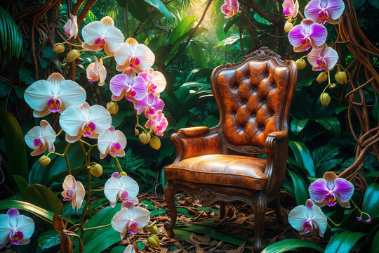 A vintage leather chair stands amid pink and white orchids in a lush jungle, evoking elegance, surreal background for graphics, art and jungle 