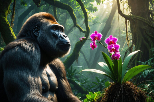 A contemplative gorilla sits near pink flowers in a forest, with beams of sunlight filtering through, art and spiritual wild animals concept