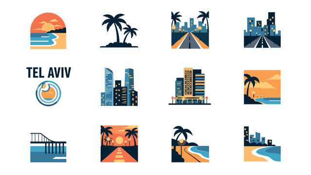 Cityscapes and beaches of tel aviv: modern flat icon collection