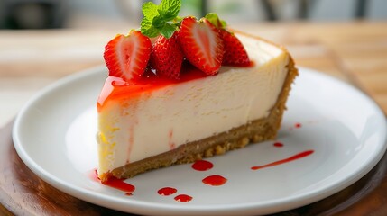 A rich slice of strawberry cheesecake topped with fresh berries and mint sits elegantly on a white dessert plate.