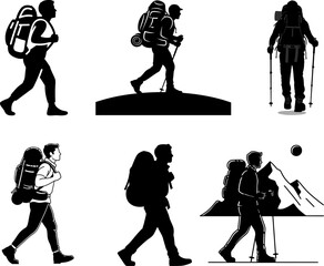 Silhouette of people hiking and backpacking in various poses