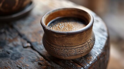 Small rustic clay cup containing dry ground material rests upon the textured surface of a weathered wooden stump.