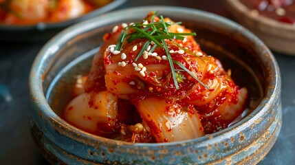 Spicy fermented Korean kimchi, a traditional and healthy side dish, is presented in a rustic ceramic bowl.
