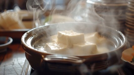 Steaming hot pot of delicate white tofu cubes simmering in a traditional clay pot offers a comforting and healthy.