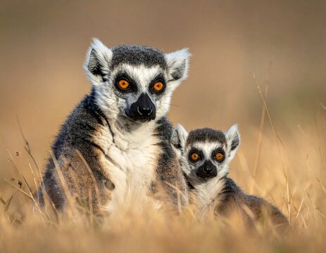 L&eacute;muriens de Madagascar, Maki catta avec son petit. Generated Image. 