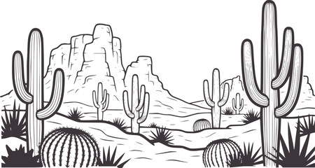 Black and white desert landscape with saguaro cacti and rock formations cactus © Md