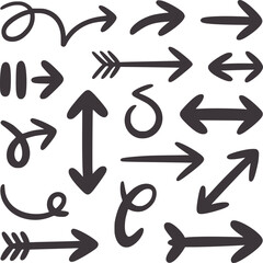 Collection of diverse hand drawn dark gray arrows and symbols direction