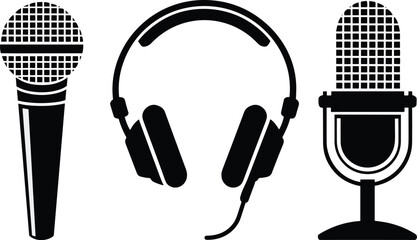 Professional podcasting equipment set featuring vector silhouettes of a condenser microphone over ear headphones and a dynamic handheld mic © Romana