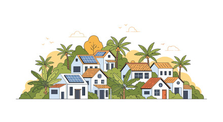 Eco-friendly village with solar panel houses and tropical palm trees