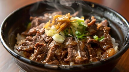Hearty gyudon, a popular Japanese beef bowl, is generously topped with thinly sliced savory beef, green onions,.