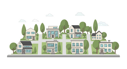 Naklejka premium Suburban street with modern houses and trees, residential neighborhood illustration