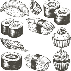 Monochrome hand drawn of assorted sushi and cupcakes nigiri maki food © Md