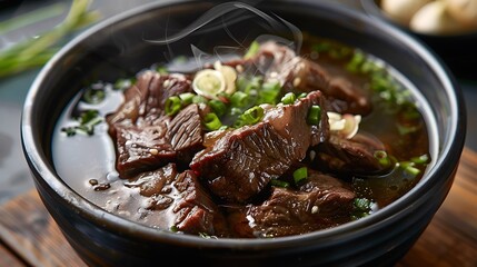 Hearty beef stew, brimming with tender meat and aromatic green onions, steams invitingly in a dark bowl, presented on a.