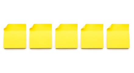 Five bright yellow sticky notes with folded corners on a white background