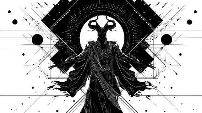 Intricate Digital Illustration of Phobos as the Greek Deity of Fear in a Bold Black Vector Silhouette Style