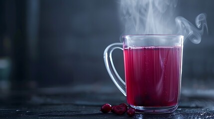 Steaming glass mug filled with a vibrant red berry drink, accompanied by fresh cranberries, stands against a dark.