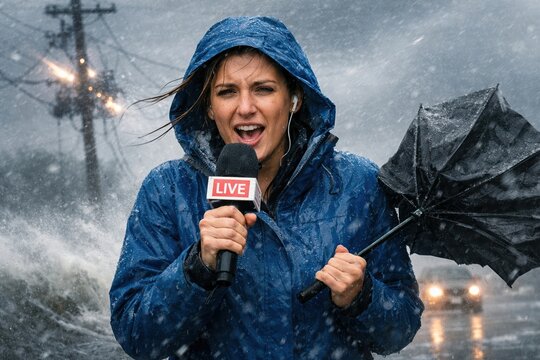 Reporter broadcasting live during severe storm and weather