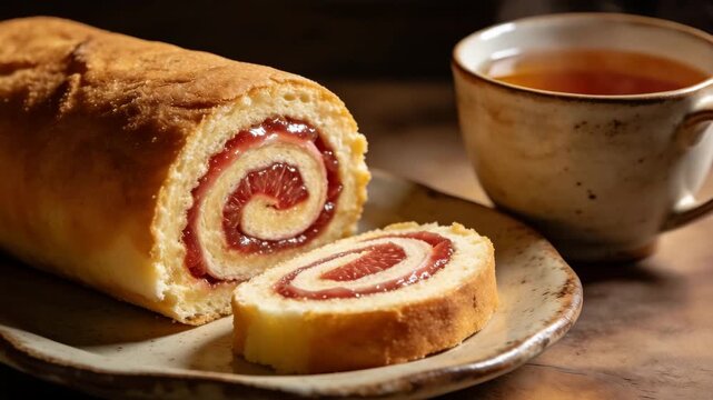 bolo de rolo brazilian rollcake with cup of tea zoom out video