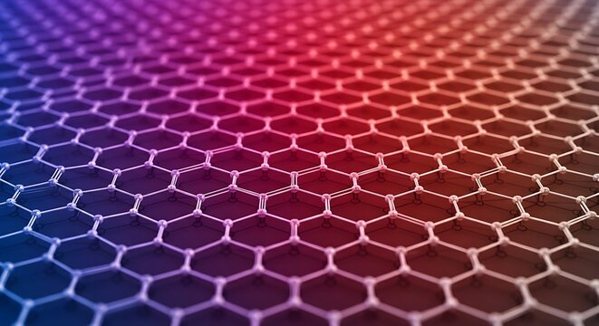 Closeup of hexagonal graphene lattice with gradient color transition from blue to red
