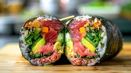 A vibrant and generously filled sushi burrito, sliced in half to reveal layers of fresh tuna, colorful vegetables,.