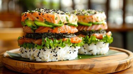 Two creative sushi burgers, featuring layers of fresh salmon, avocado, seaweed, and rice buns, are beautifully.