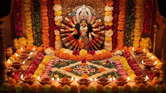 Durga Idol Decoration During Puja Festival with Diyas and Flowers