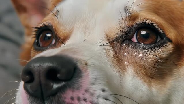 An intimate and detailed portrayal of a weeping canine's moist snout and watery ocular region, captured in extreme proximity