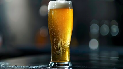 Golden lager beer, topped with thick white foam and condensation, sits on a dark bar counter, ready to be enjoyed.