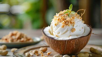 Refreshing coconut ice cream topped with crunchy peanuts is served in a natural coconut shell on a decorative tray.