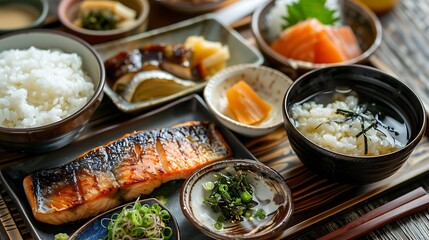 Traditional Japanese breakfast set features grilled fish, white rice, miso soup, pickled vegetables, and fresh salmon.