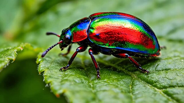 Colorful beetle on green leaf