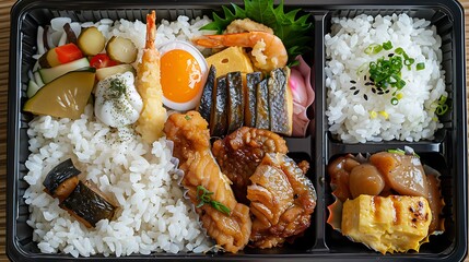 Elaborate Japanese bento box presents a diverse array of traditional dishes, including rice, tempura, fish,.