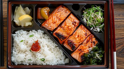 Traditional Japanese bento box features perfectly grilled salmon, fluffy white rice, and various fresh side dishes.