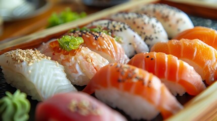 Freshly prepared sushi pieces, including salmon and white fish, are presented beautifully in a wooden tray.