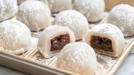 Soft, chewy Japanese mochi filled with sweet red bean paste are delicately dusted with powder on a baking tray.