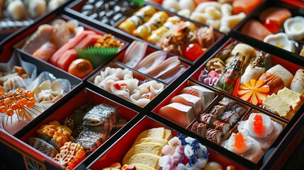 A beautifully arranged traditional Japanese bento box overflows with a diverse assortment of colorful and delicious.