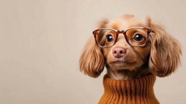 Cute dog portrait  in square glasses, cozy sweater, frontal head portrait, fur texture, minimal beige background