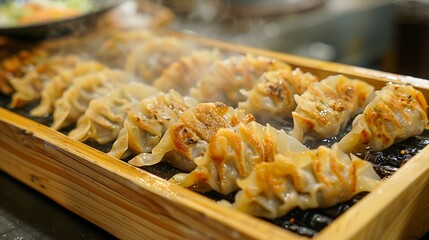 Delicious gyoza dumplings are steaming hot and perfectly pan-fried, neatly arranged in a traditional wooden tray.