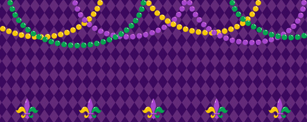 Mardi Gras banner with purple harlequin pattern, festive beads, and fleur de lis symbols. Carnival party background vector illustration. © Mallva