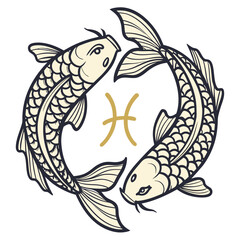 Naklejka premium Gold zodiac symbol pisces with two fish gold symbol